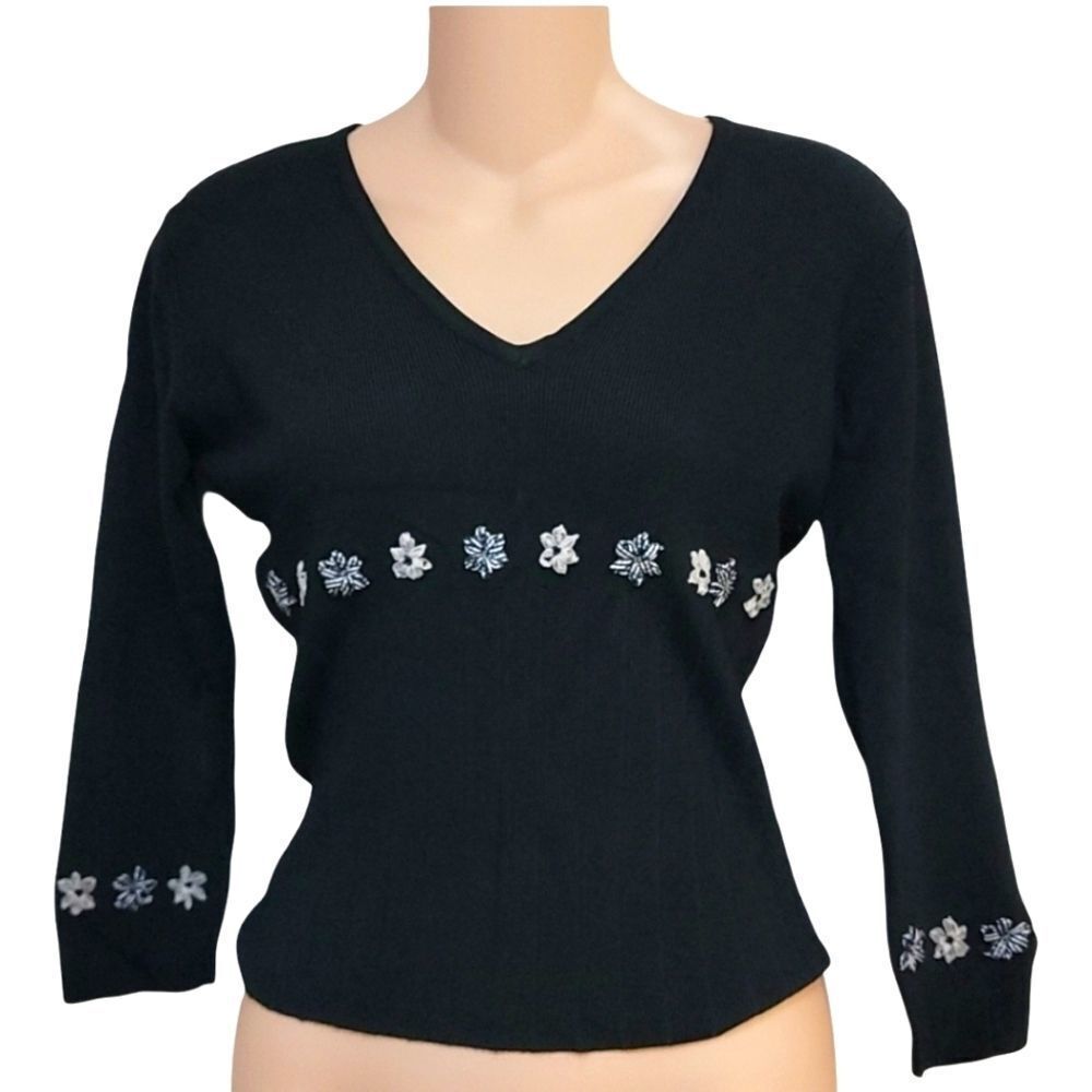 3/4 Sleeve Black V-Neck blouse with beaded ribbon